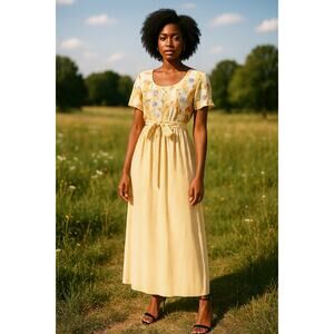 Vintage 80s Expo Petite Yellow Gingham Floral Maxi Dress Cottagecore Prairie 10P